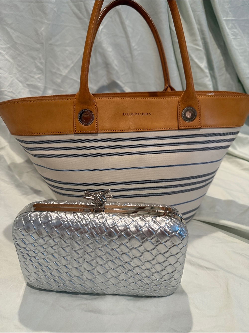 Burberry Blue & White Striped Tote with Tan Leather Trim -pre loved-